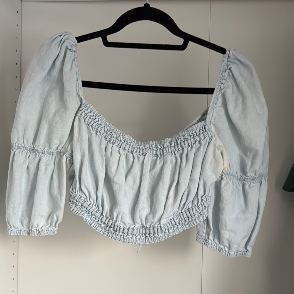 Zara Blue Puff Sleeve Smocked Crop Blouse
